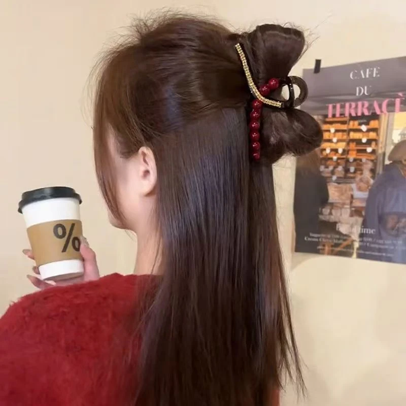 红色闪钻抓夹女大号发量大发夹高级感后脑勺盘发鲨鱼夹子头饰发卡