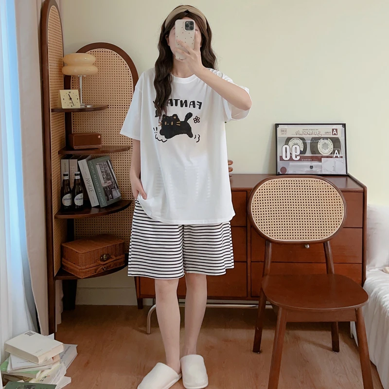 纯棉大码80-240斤男女士睡衣夏季双短大码胖mm宽松休闲家居服套装