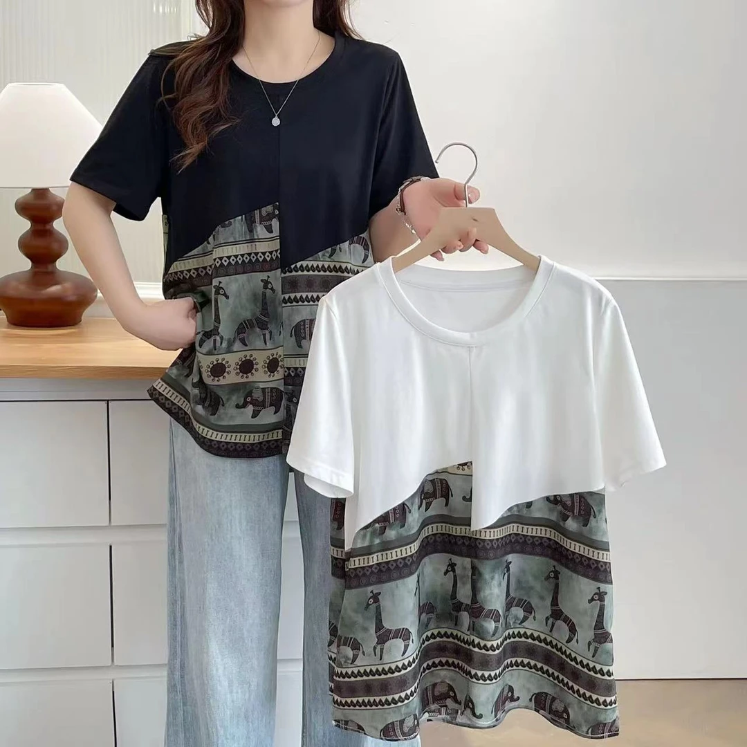 夏季宽松显瘦百搭圆领拼接短袖T恤