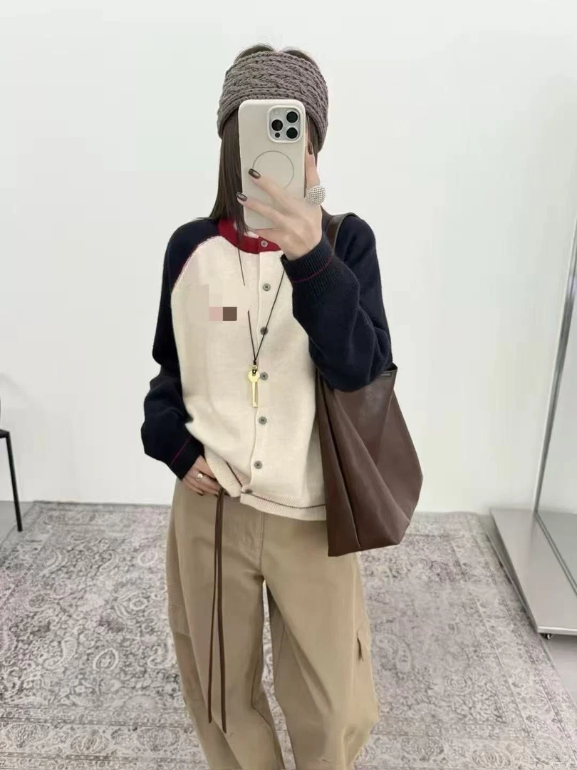 862女士拼色针织开衫百搭毛衣外套