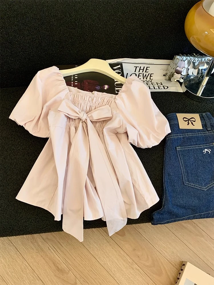 法式温柔风粉色蝴蝶结系带方领泡泡袖衬衫女夏季新款甜美减龄上衣