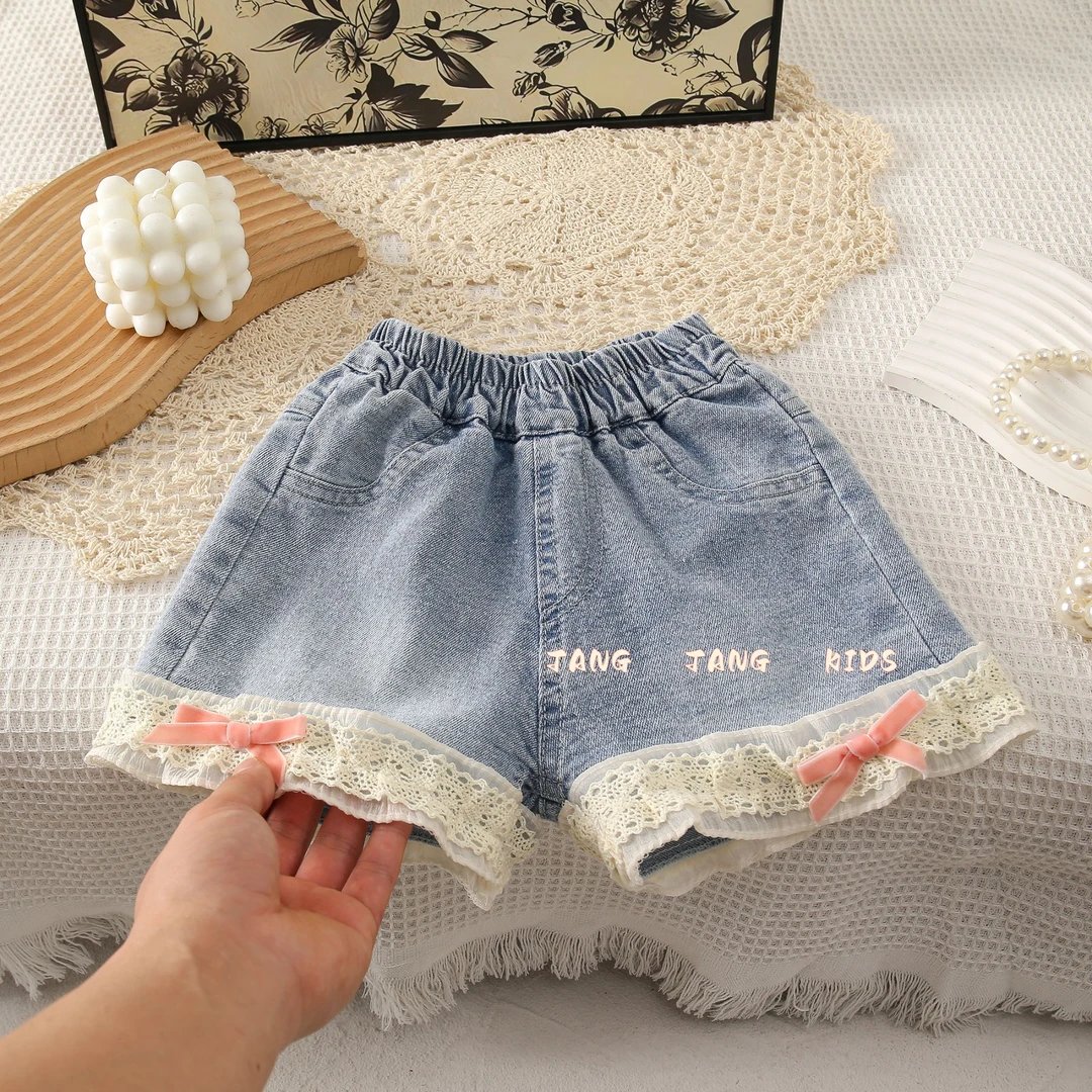 【热推爆款】女童牛仔短裤花边新款时尚宽松洋气花边短裤蝴蝶结
