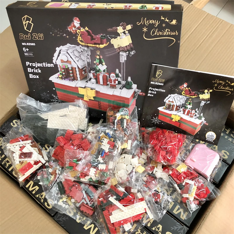 圣诞投影积木962片装圣诞场景可摇摆可投影益智玩具积木