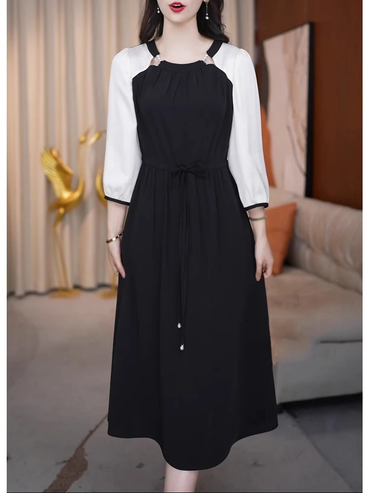 2025年春季新款显瘦黑色长袖复古气质耐百搭法式拼接连衣裙春夏女