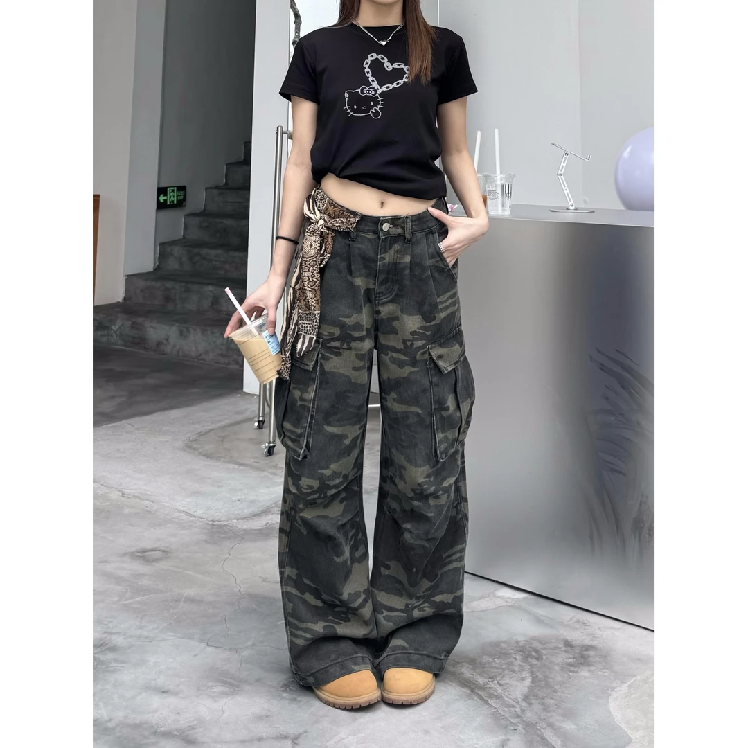 XFX 美式复古多口袋宽松迷彩工装裤女直筒高街cleanfit阔腿长裤潮