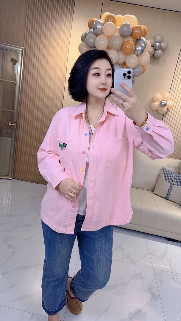 【聪姐推荐】6801时尚休闲牛仔刺绣彩扣衬衫T桖（衣长78，胸围136）