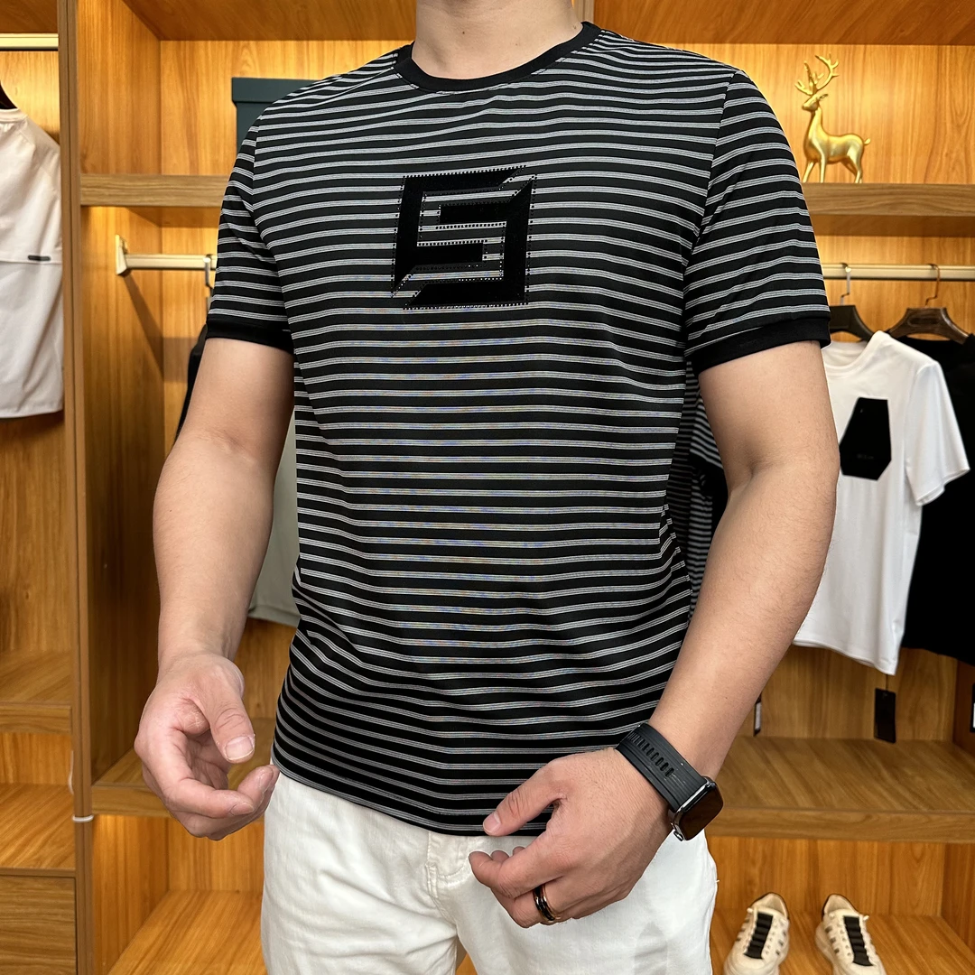 潮款轻奢透气舒适夏季条纹圆领百搭T恤3010