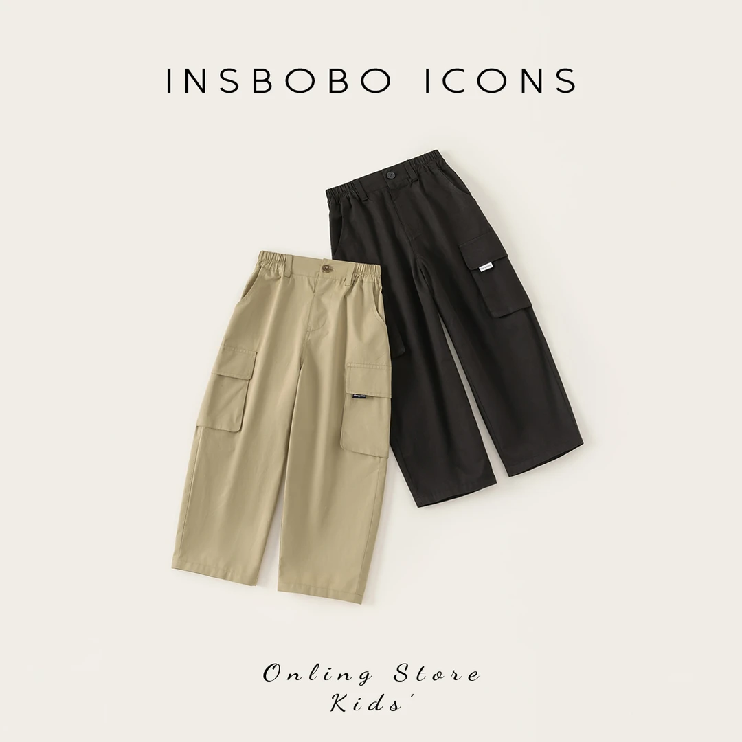 INSbobo儿童山系休闲裤宽松裤子日系纯色工装口袋休闲裤CK75029