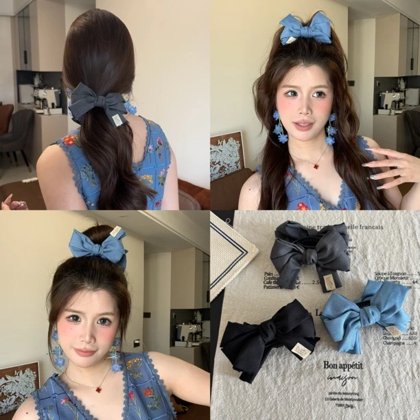 三层牛仔蝴蝶结丸子夹可爱气质风后脑勺抓夹网红ins百搭复古简约