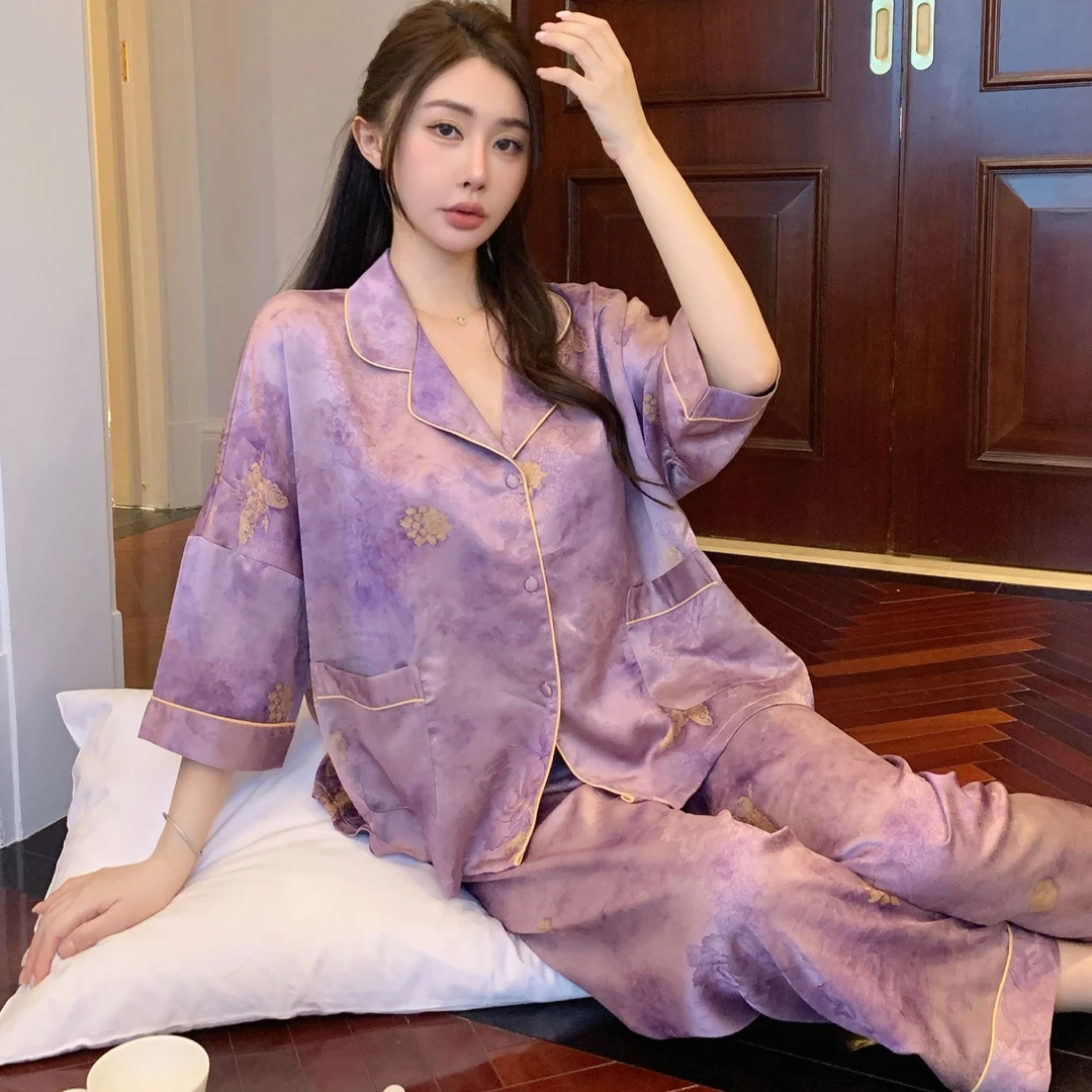 【紫韵金蝶】2025年夏季舒适睡衣女士套装可外穿家居服七分袖三件套
