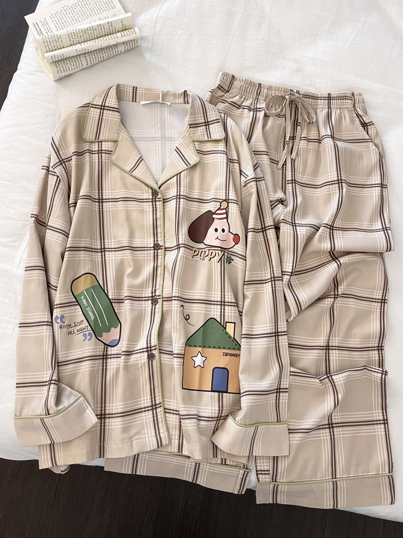 【DMXJ大梦想家】甜美可爱格子卡通睡衣女款夏季新款长裤家居服套装