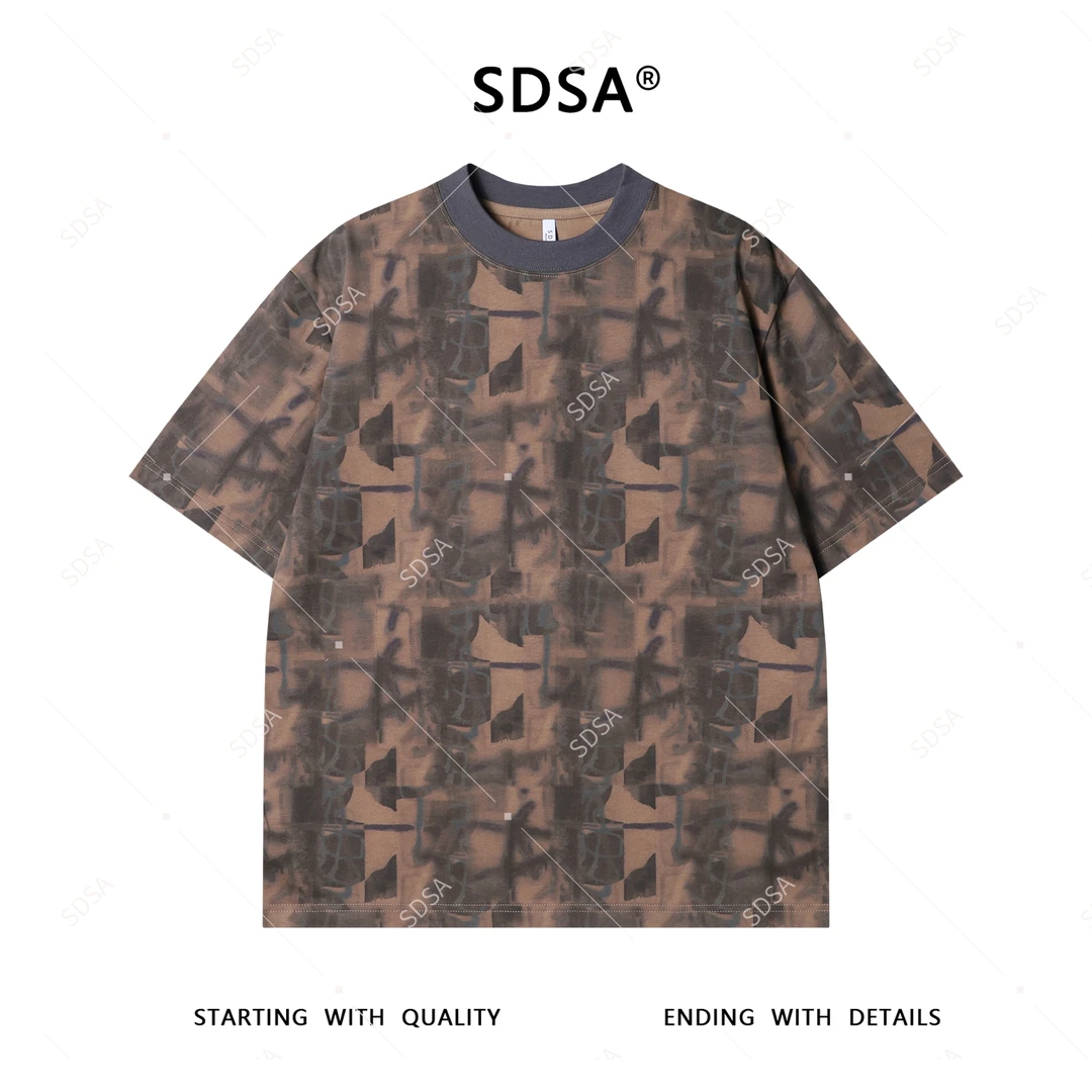 夏季高级感新款男士抽象撞色晕染短袖T恤宽松美式复古圆领上衣