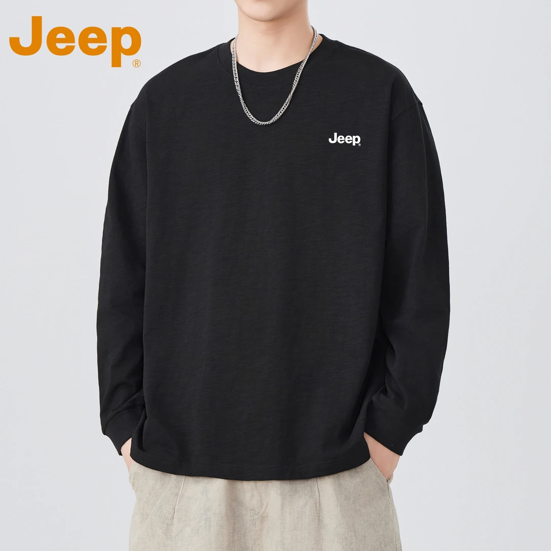 JEEP吉普黑色纯棉长袖T恤男款春秋季宽松时尚休闲圆领打底上衣服