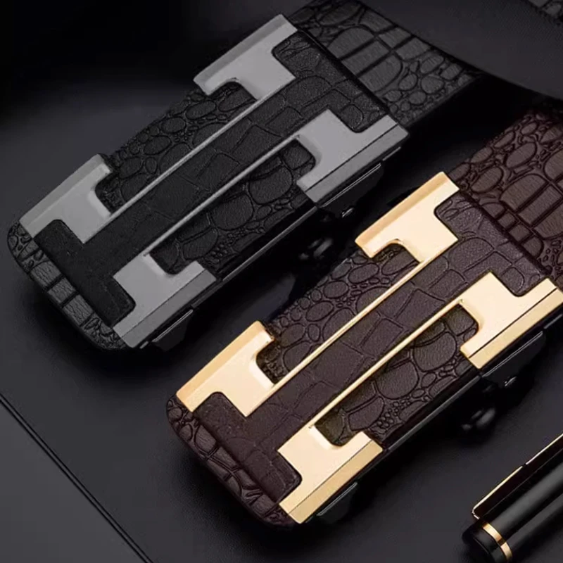 2025新款男士鳄鱼纹皮带无牙自动扣腰带时尚百搭腰带中青年牛皮带