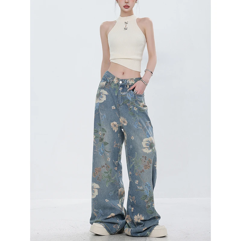 ABWEAR 2025年新款美式复古印花阔腿牛仔裤女小众设计直筒拖地裤