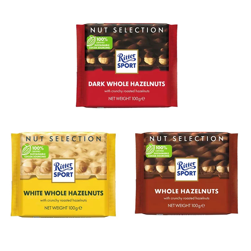 德国进口Ritter Sport瑞特滋全榛子牛奶巧克力黑巧白巧100g排块