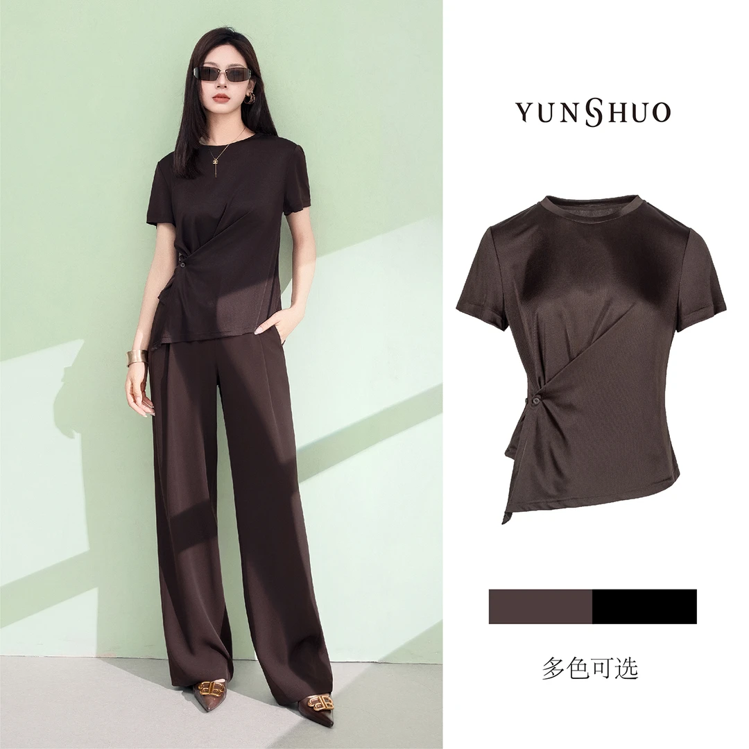 允硕新品时尚百搭气质简约醋酸收腰圆领女百搭套头短袖上衣345203