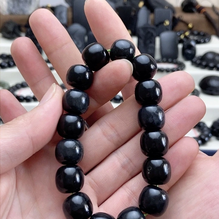 未镶嵌手链和田玉（墨玉）卡14老型手串带包容