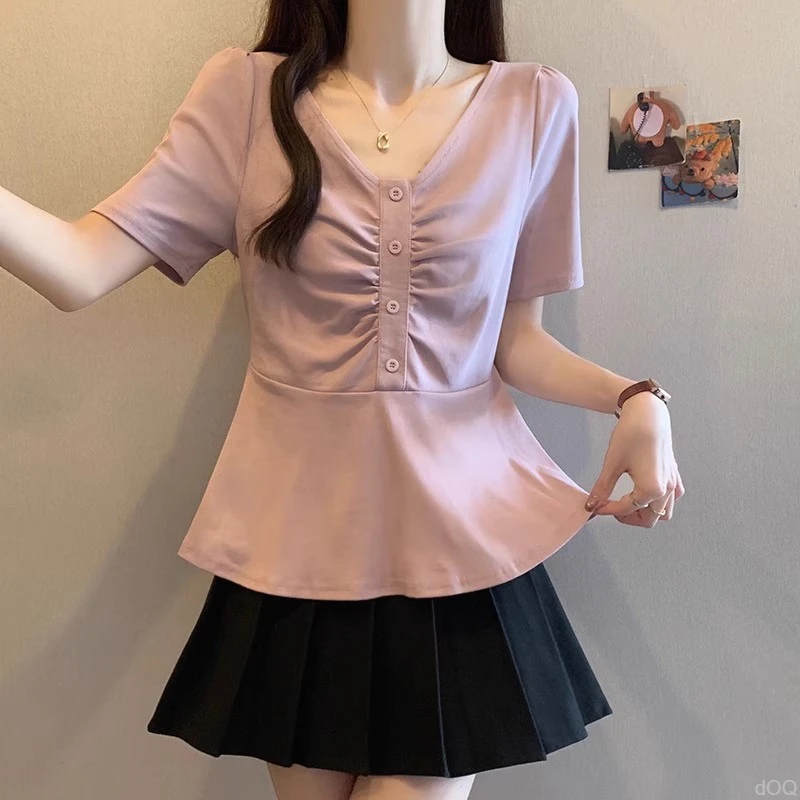 短袖上衣显瘦简约设计感褶皱新款洋气大码胖mmv领T恤女百搭服夏季