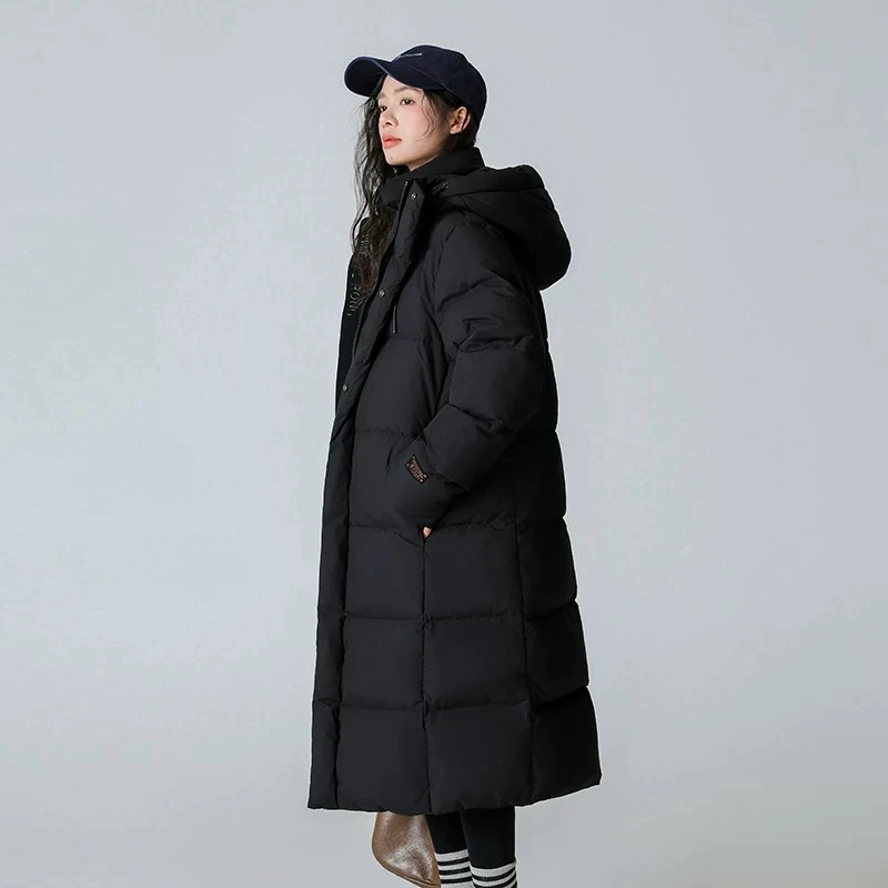 金铠甲5.0黑色长款羽绒服2025新款绒白鹅绒男女过膝外套连帽88010