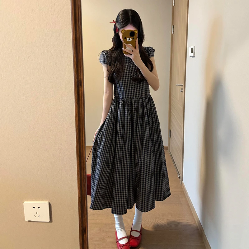 复古设计感短袖格纹连衣裙女夏季休闲宽松百搭小众减龄长裙子1660