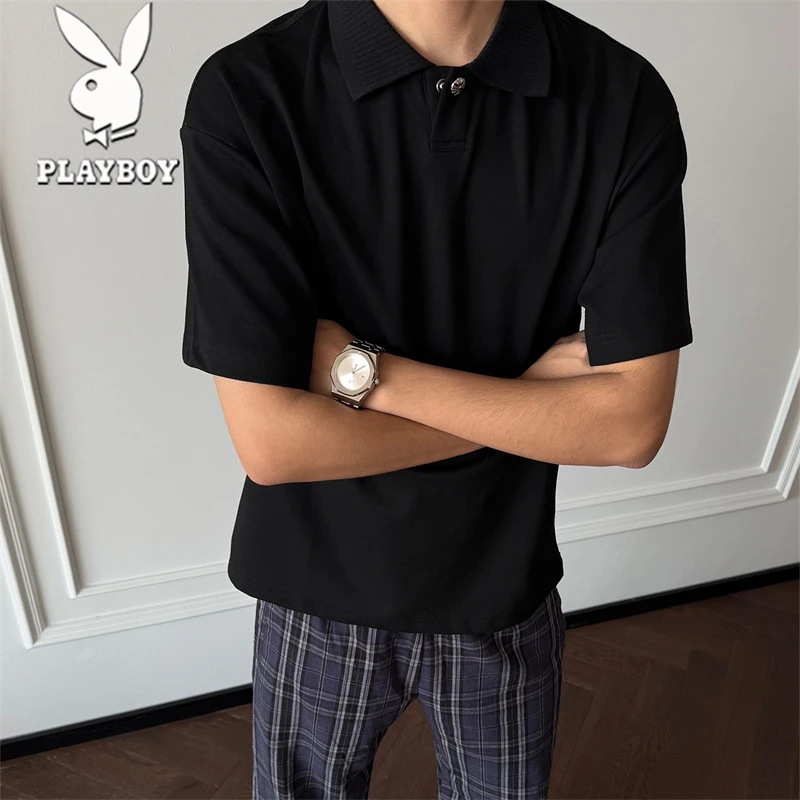 花花公子夏季新款男士老钱风高级感宽松翻领男装薄款短袖polo衫潮