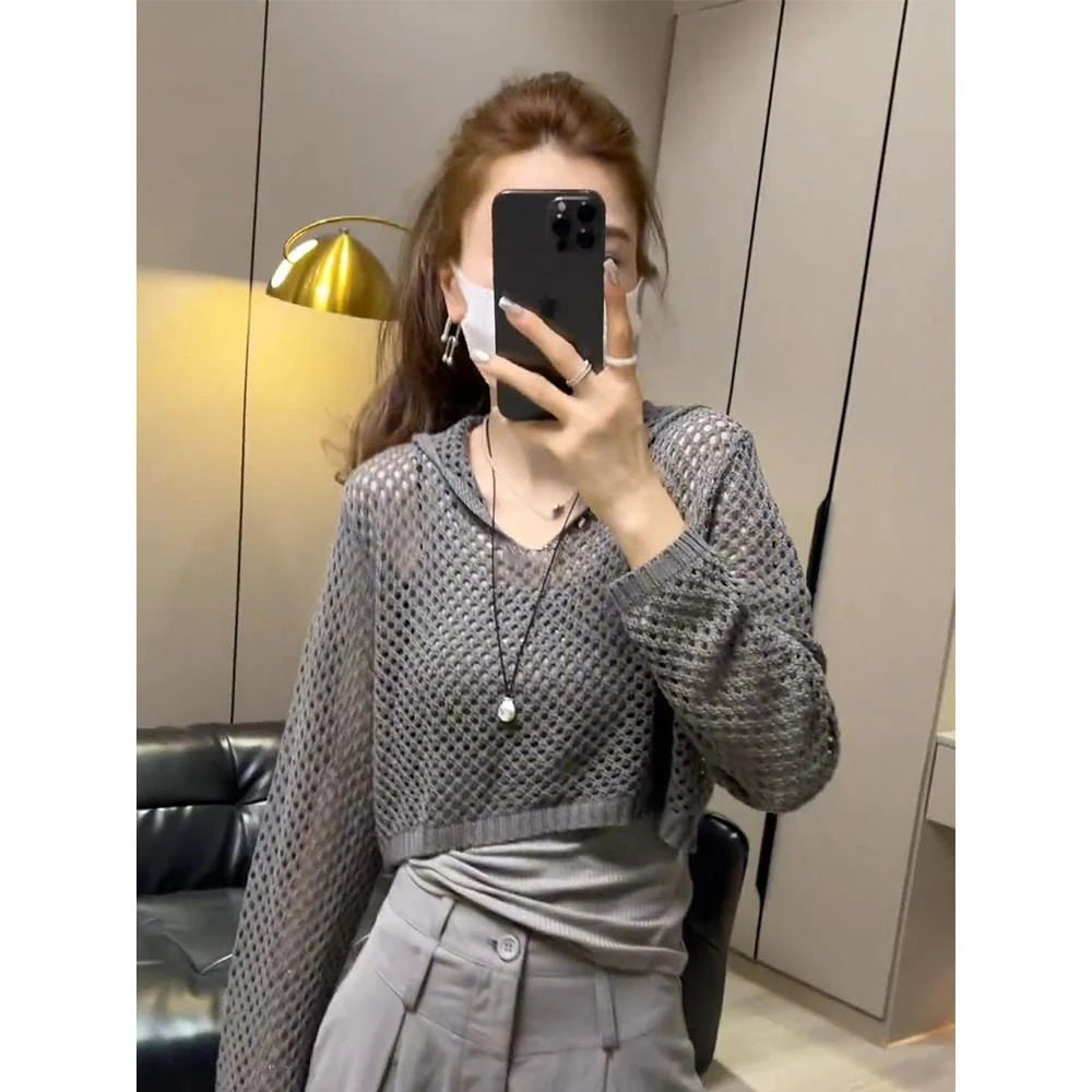 灰色连帽镂空网罩衫上衣女2025新款爆款春秋设计感短款长袖针织衫