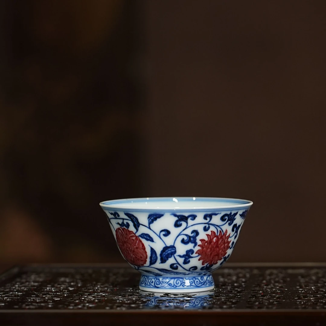 永明尚玩丨明缠枝岩茶小客杯60ml景德镇陶瓷纯手工手绘茶杯茶具
