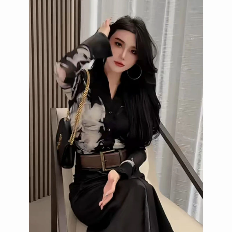 2025春季新款网纱水墨印花拼接撞色翻领抽褶收腰修身显瘦长袖衬衫