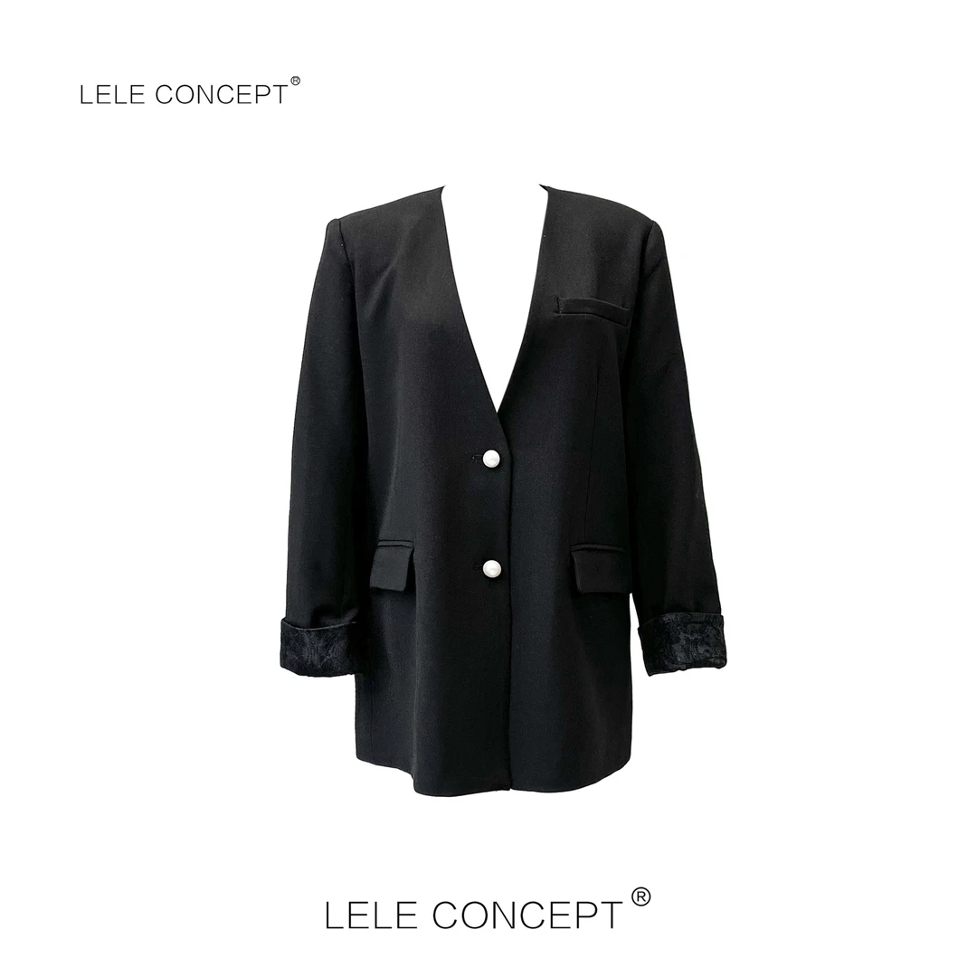 LELE CONCEPT 丨时尚翻袖蕾丝边秃领西服Y0536