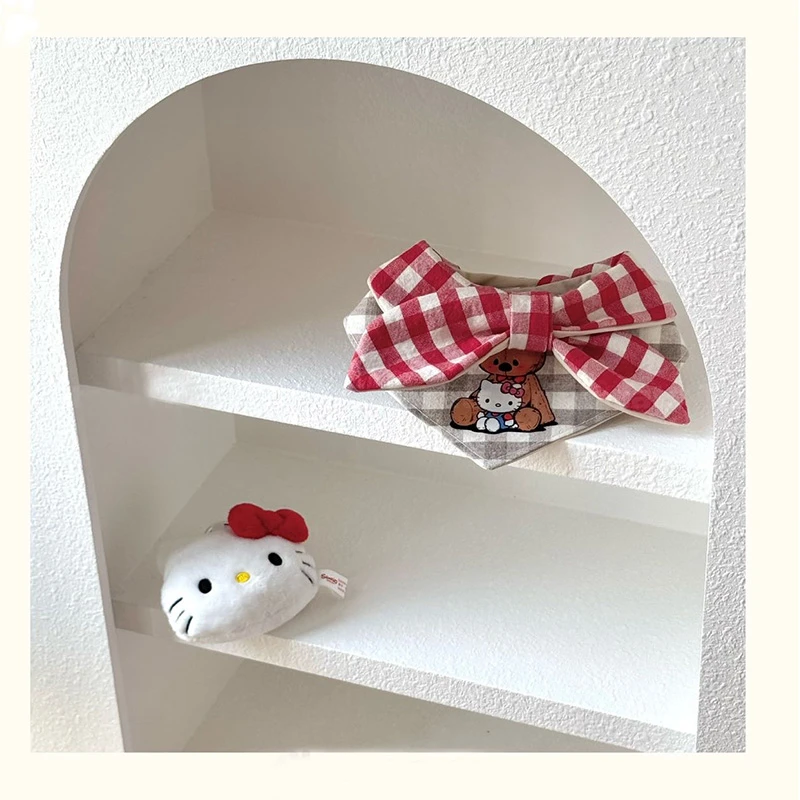 原创手工灰格子kitty三角巾可爱围脖三只小猫猫咪狗狗魔术贴披肩