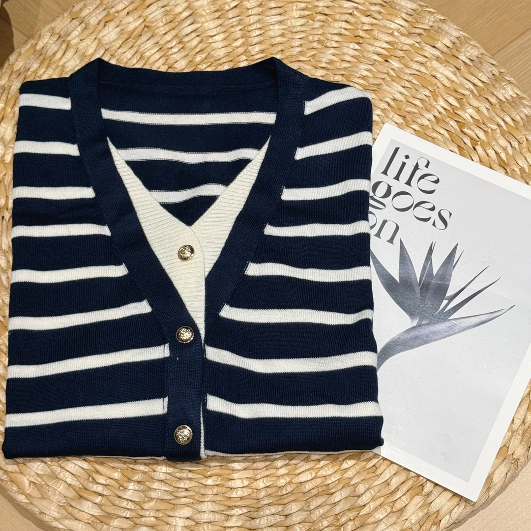 E550#韩系新款藏蓝色条纹针织衫