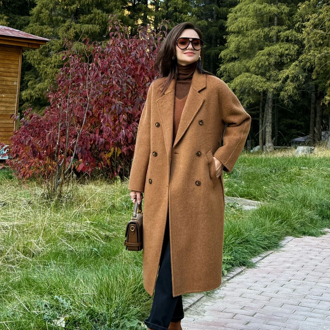 MUBINE 秋冬款高端韩版宽松简约百搭双排扣骆驼绒大衣 25193