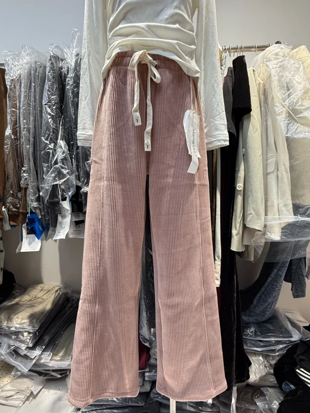 摩登197秋冬抽绳灯芯绒阔腿长裤女澳绒松紧腰直筒拖地裤L52023A