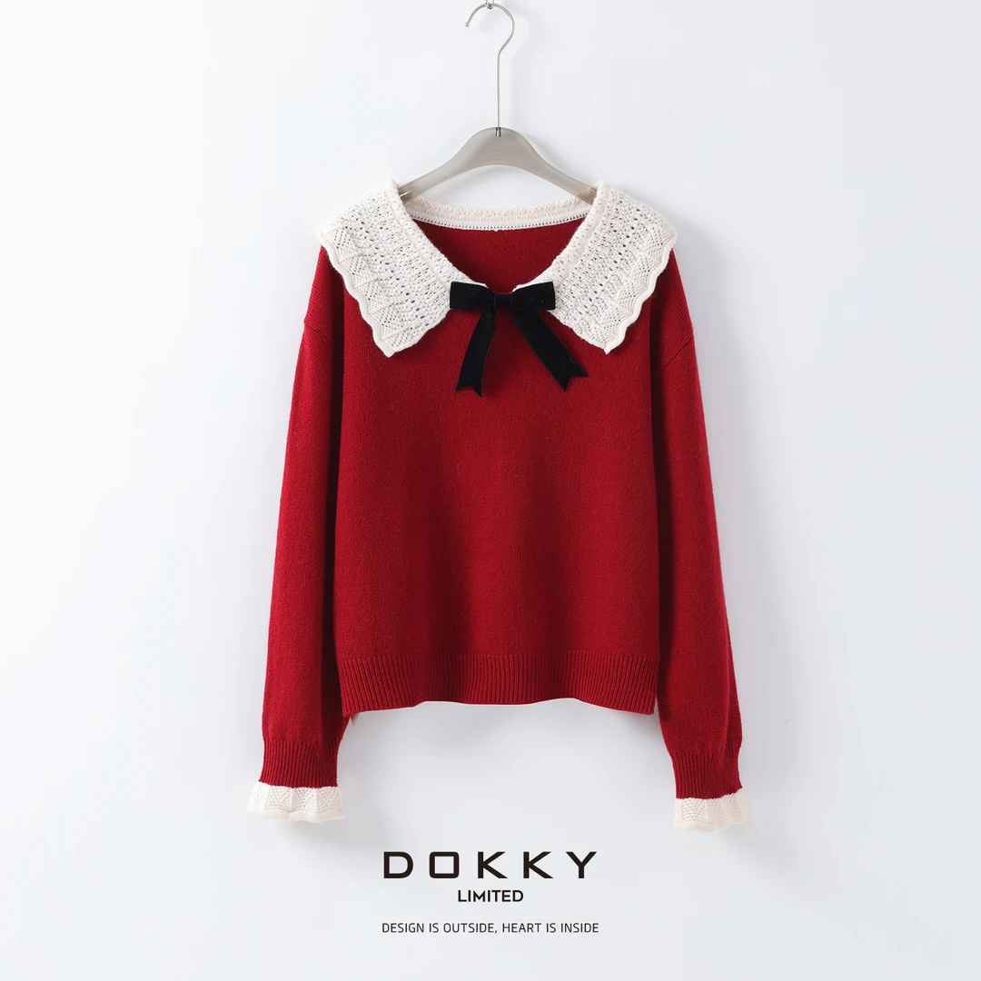 【限量尖货.小确幸.紫标】DOKKY 100绵羊毛.钩花娃娃领|蝴蝶结毛衣
