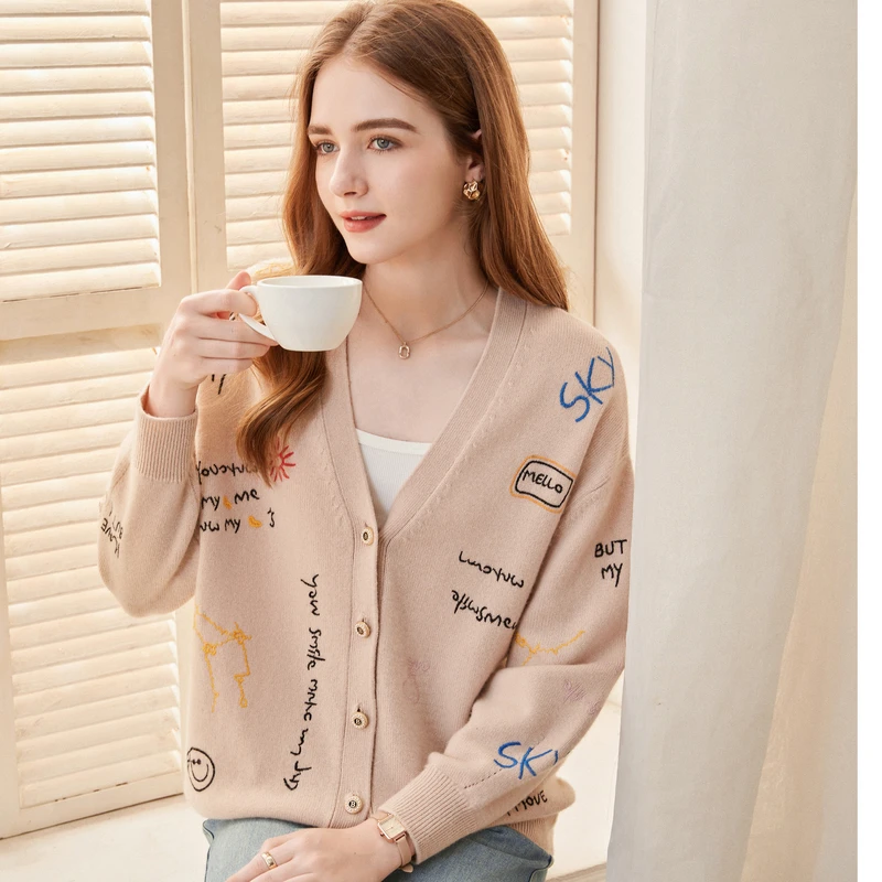 MIHUANG/米皇新款100山羊绒V领提花中长款宽松羊绒女开衫632265