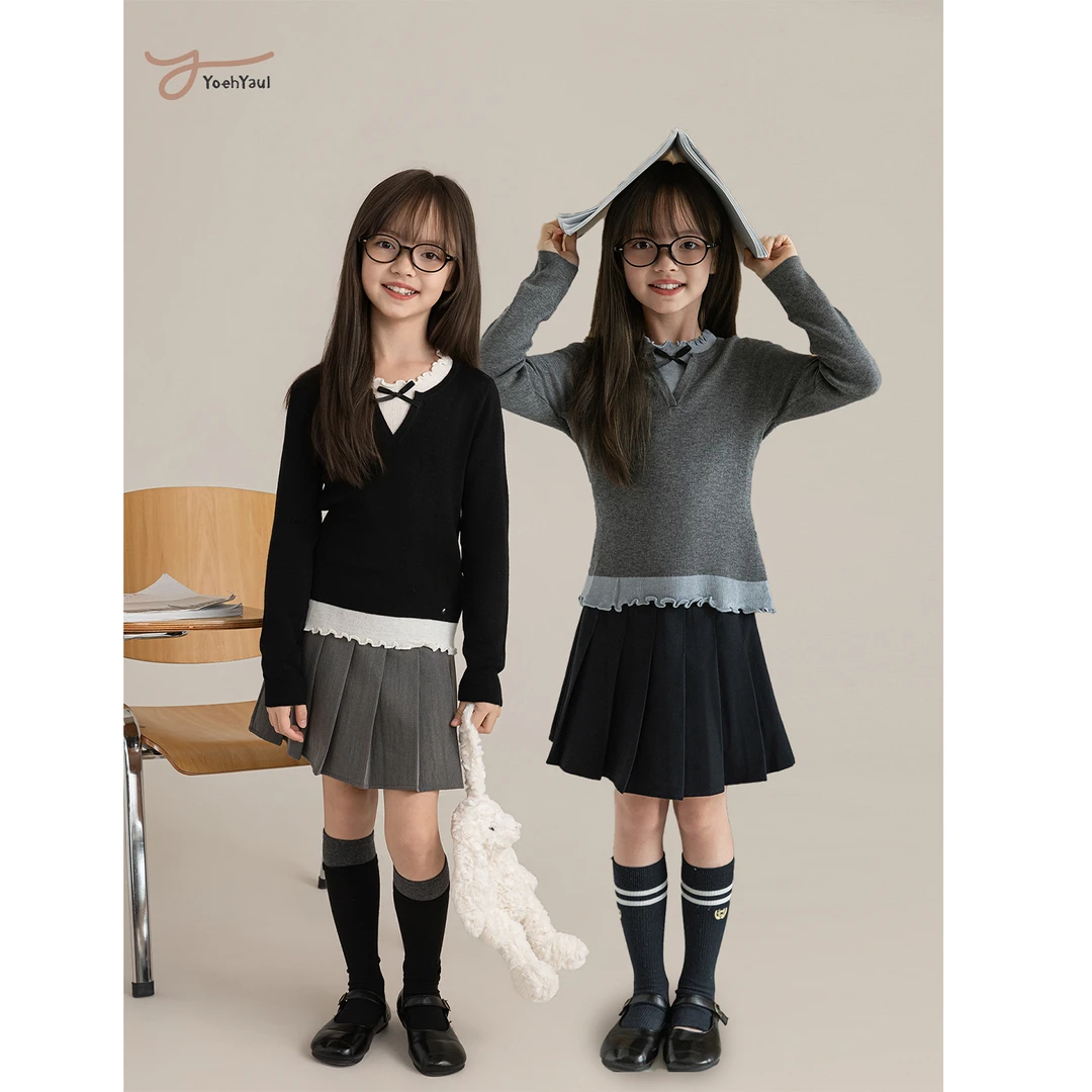 YOEHYAUL/幼悠 秋叁波 CD2288 英伦学院风波浪密边固型假两件毛衣