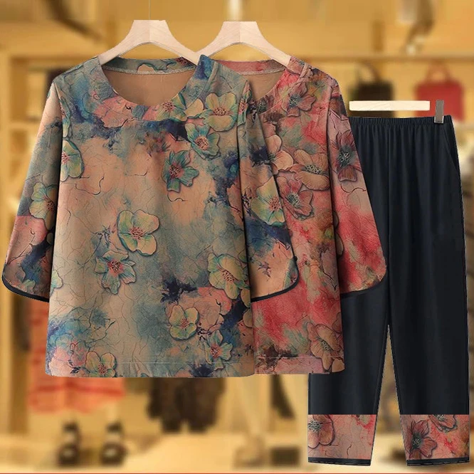 中老年人夏季冰丝宽松妈妈装套装舒老奶奶衣服女七分裤上衣九分裤