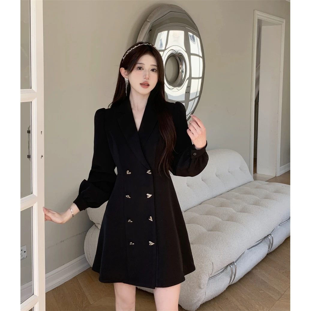 【宝藏.】大码法式西装连衣裙秋装新款收腰显瘦气质女神范小黑裙