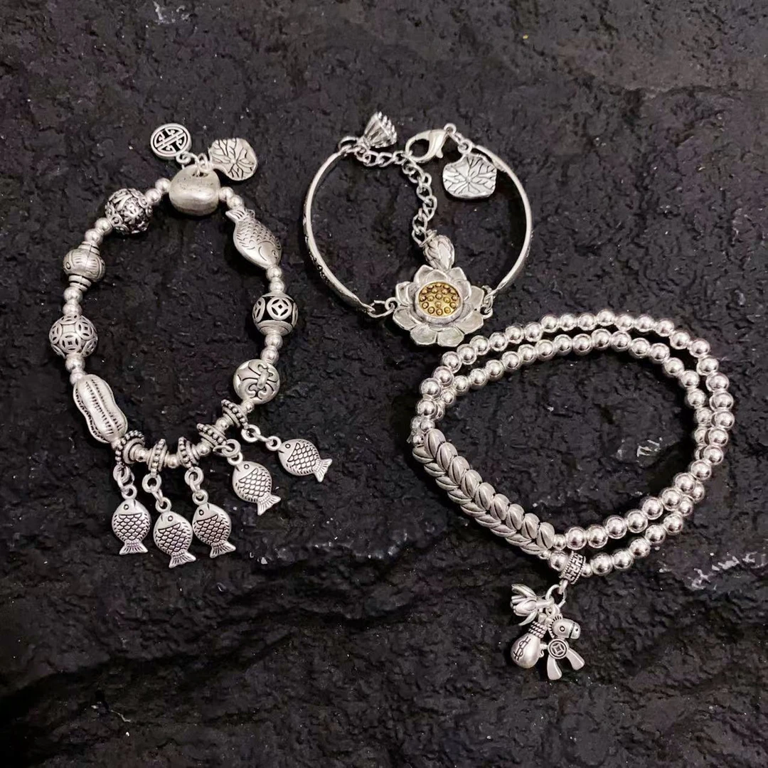 合金手链 民族风可转动莲花多个小鱼吊坠麦穗手镯复古手串手饰品