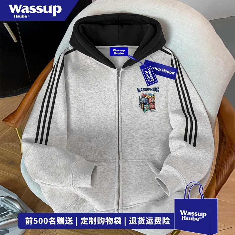 WASSUP HSUBE国潮牌魔方印花连帽开衫卫衣男女秋冬宽松三条杠外套