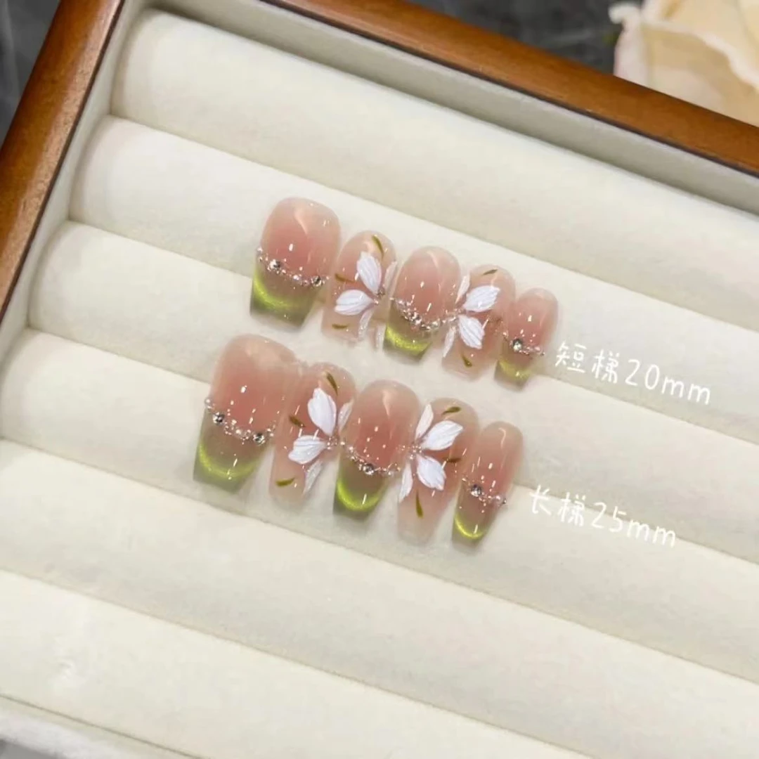 【绿精灵冰花】绿猫眼渐变法式显白纯手工穿戴甲