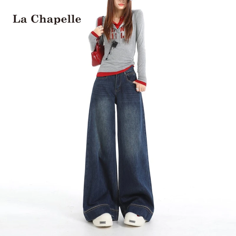 拉夏贝尔窄版阔腿裤牛仔裤女春秋新款深蓝色高腰拖地宽松直筒裤子