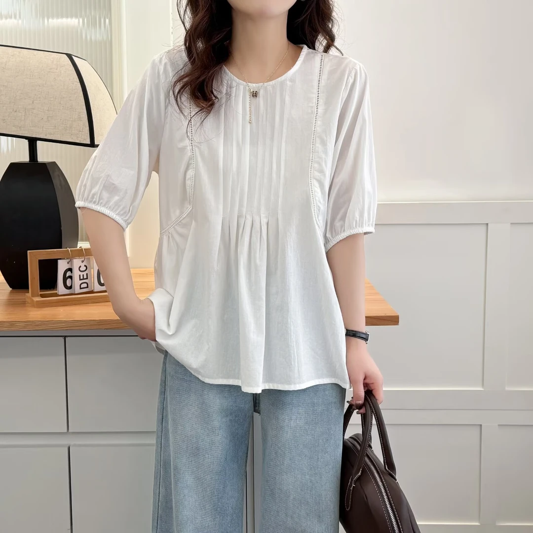 春夏新款宽松显瘦小清新套头短袖衬衫女压褶大码洋气休闲百搭上衣