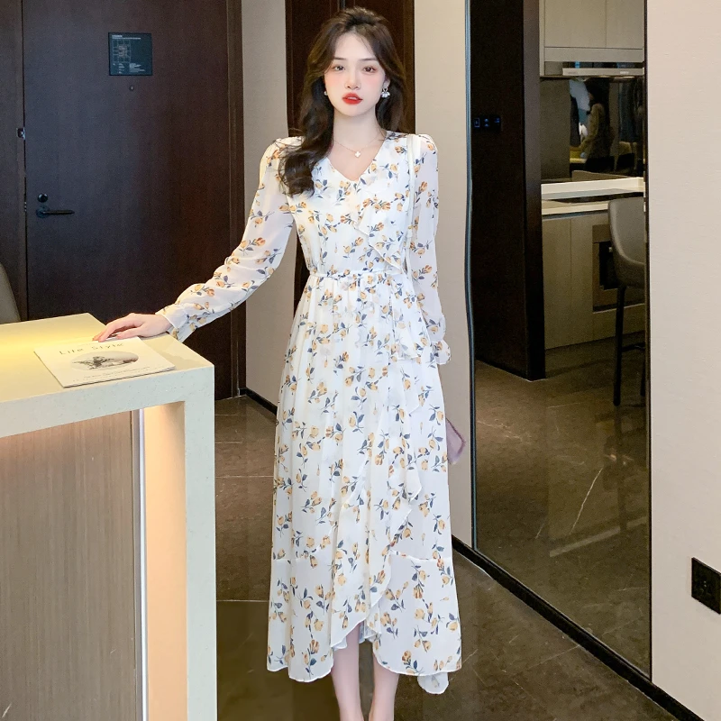 实拍碎花长裙脚踝仙气森系气质雪纺连衣裙春夏女长袖长款仙女裙子