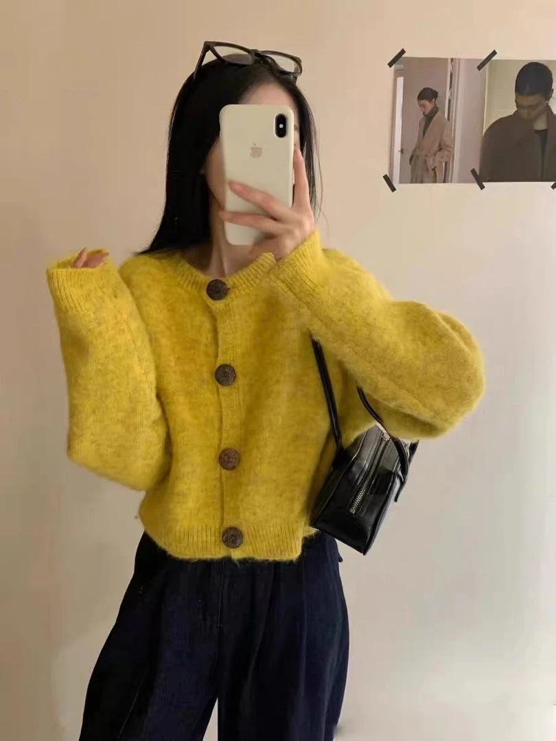 慵懒高级感黄色针织衫短外套秋冬款气质减龄开衫长袖外套上衣2486