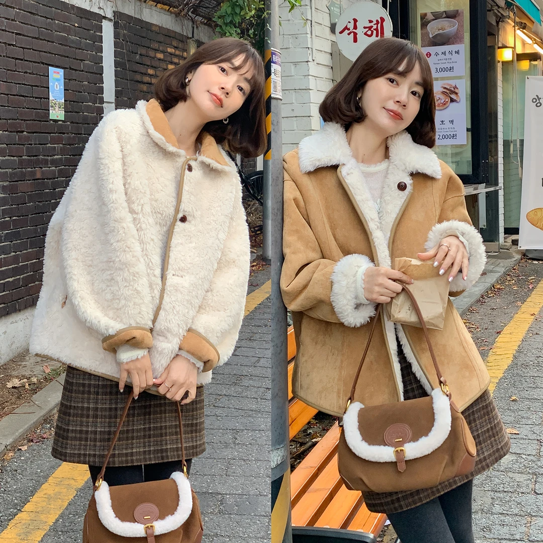 法儿家韩国限定【翻转拿铁】FS510W082百搭皮毛一体外套