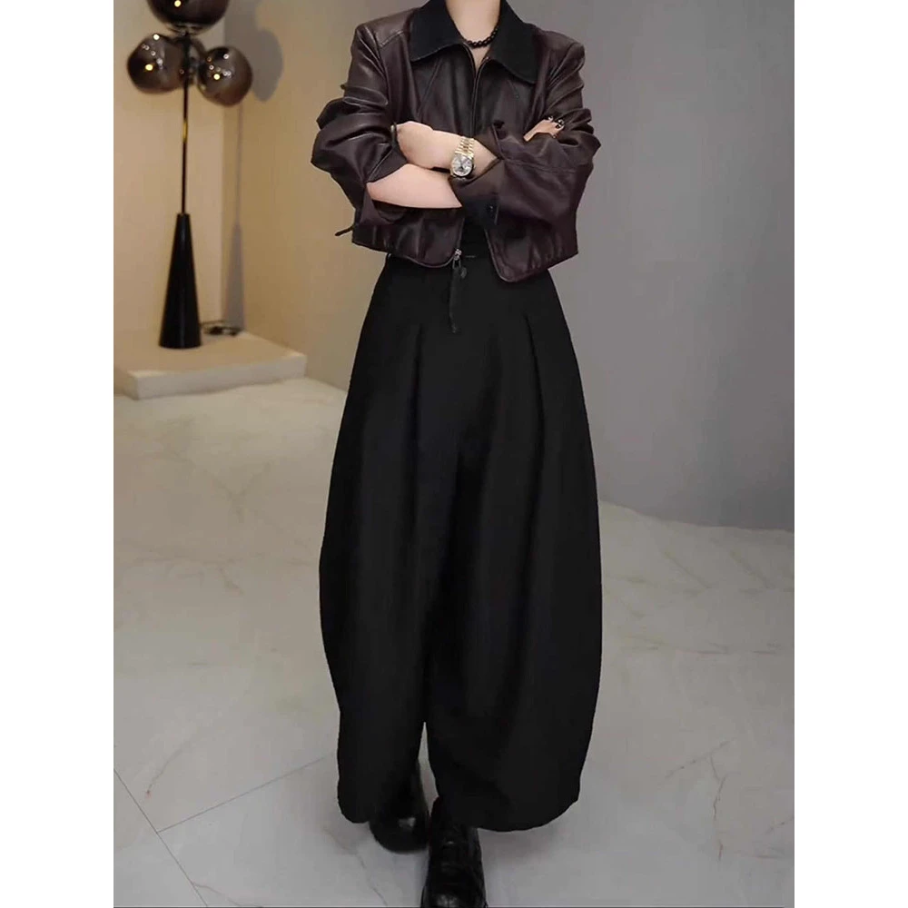 真心舒服黑色压褶花苞裤女秋冬宽松遮肉九分裤时髦通勤减龄阔腿裤