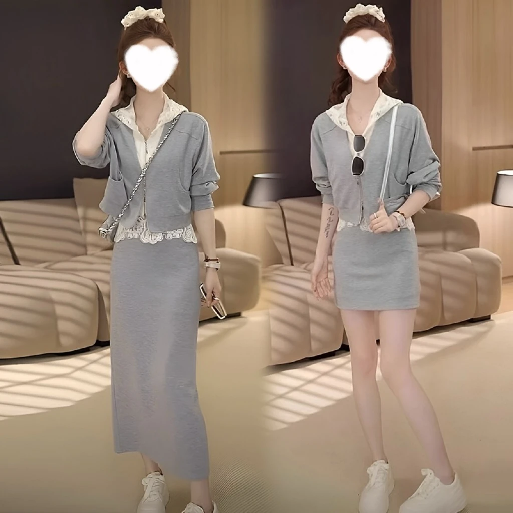 显瘦新款2025减龄气质时尚洋气蕾丝连帽外套+高腰半身裙两件套