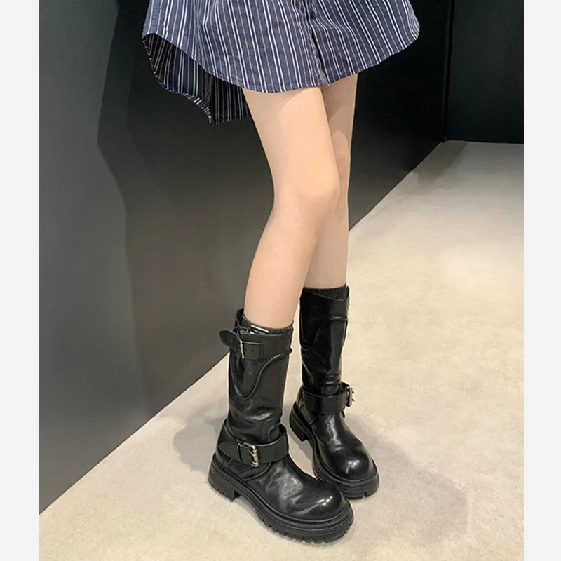 牛皮版~复古厚底骑士靴女2025秋冬新款圆头扣带中筒机车马丁靴